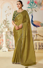 Amazing Green Color Silk Fabric Partywear Saree