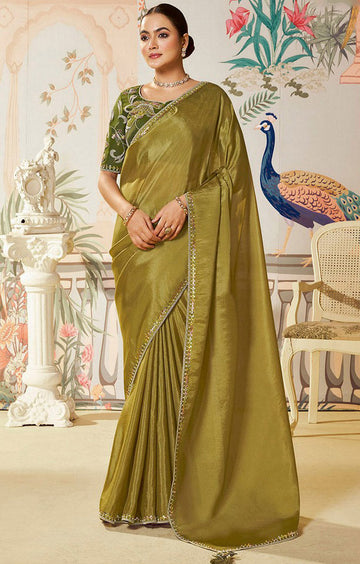 Amazing Green Color Silk Fabric Partywear Saree