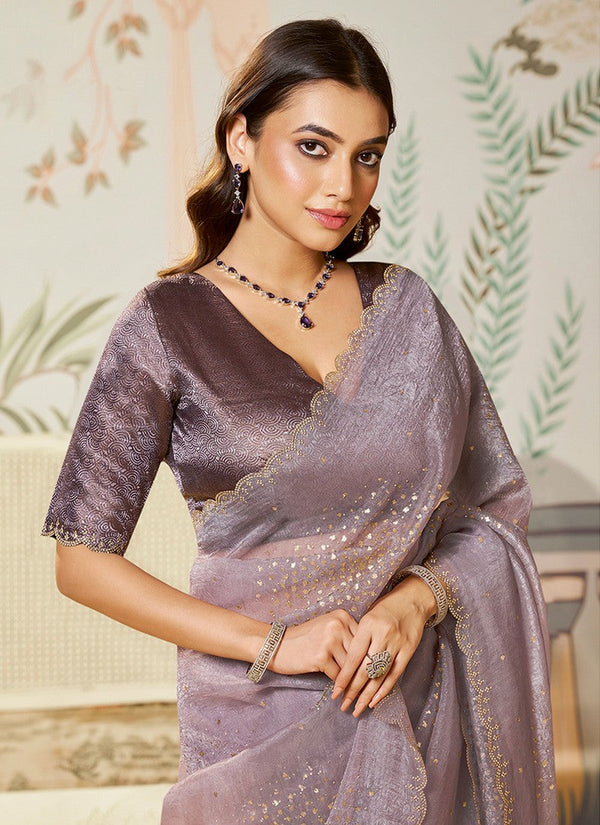 Amazing Purple Color Organza Fabric Partywear Saree