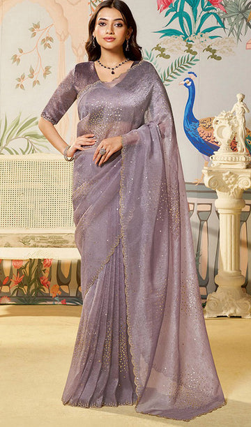 Amazing Purple Color Organza Fabric Partywear Saree