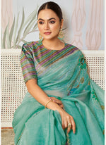 Amazing Turquoise Color Organza Fabric Partywear Saree
