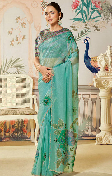 Amazing Turquoise Color Organza Fabric Partywear Saree