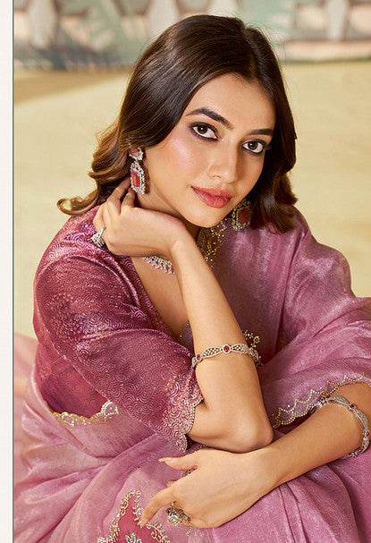 Amazing Pink Color Organza Fabric Partywear Saree