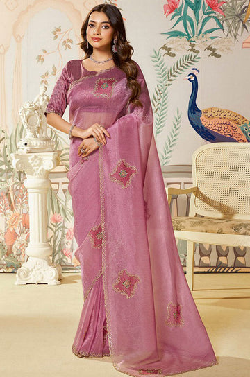 Amazing Pink Color Organza Fabric Partywear Saree
