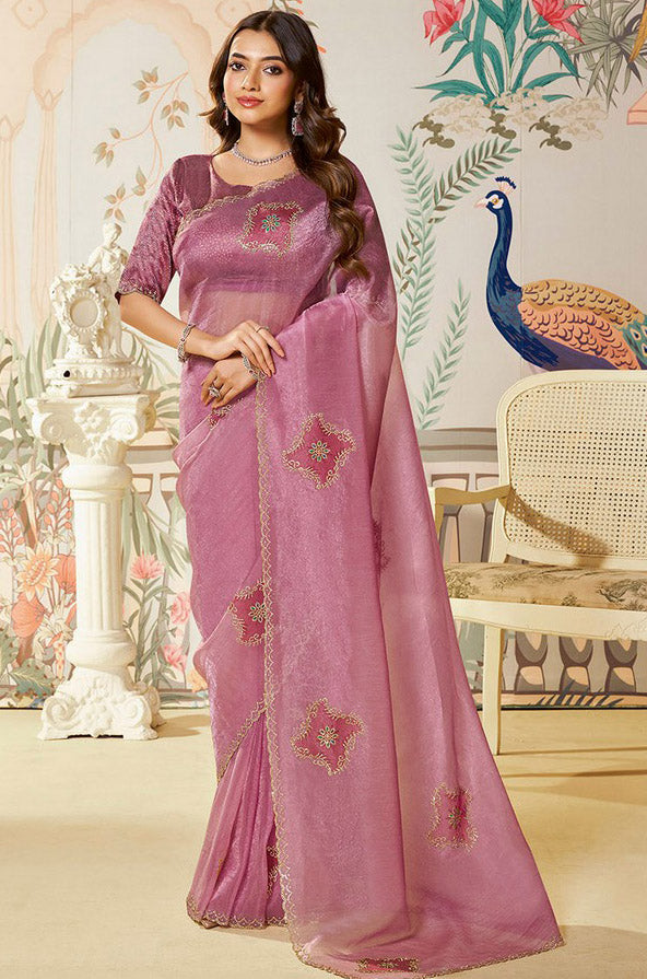 Amazing Pink Color Organza Fabric Partywear Saree