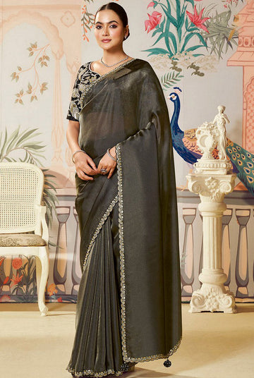 Amazing Black Color Organza Fabric Partywear Saree
