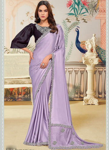 Amazing Purple Color Satin Fabric Partywear Saree