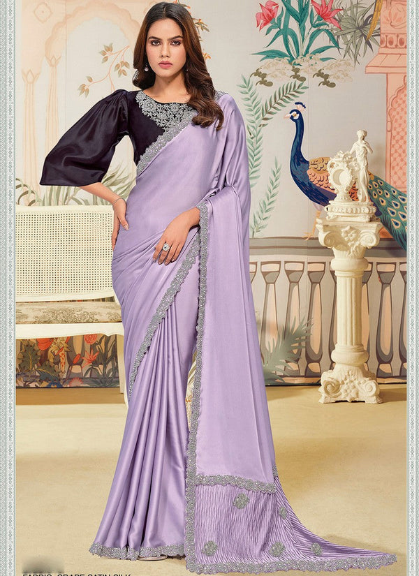 Amazing Purple Color Satin Fabric Partywear Saree
