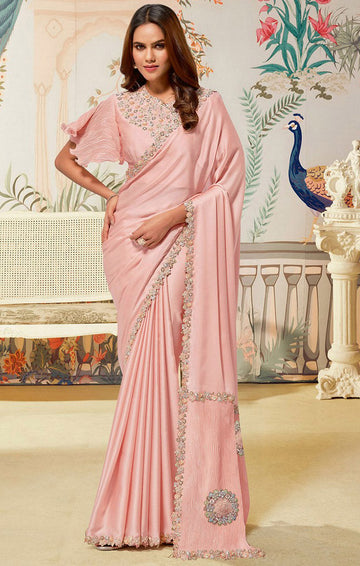 Amazing Peach Color Silk Fabric Partywear Saree
