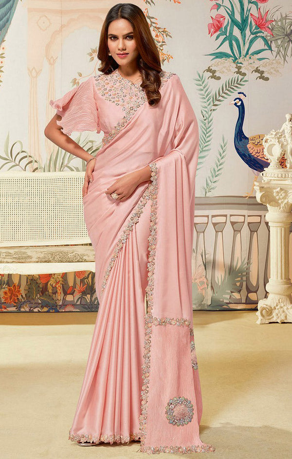 Amazing Peach Color Silk Fabric Partywear Saree