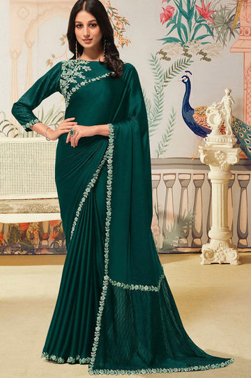 Amazing Green Color Satin Fabric Partywear Saree