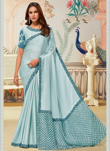 Amazing Aqua Color Silk Fabric Partywear Saree