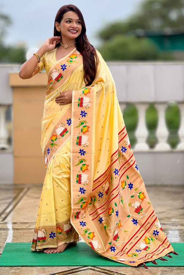 Lovely Cream Color Silk Fabric Partywear Saree