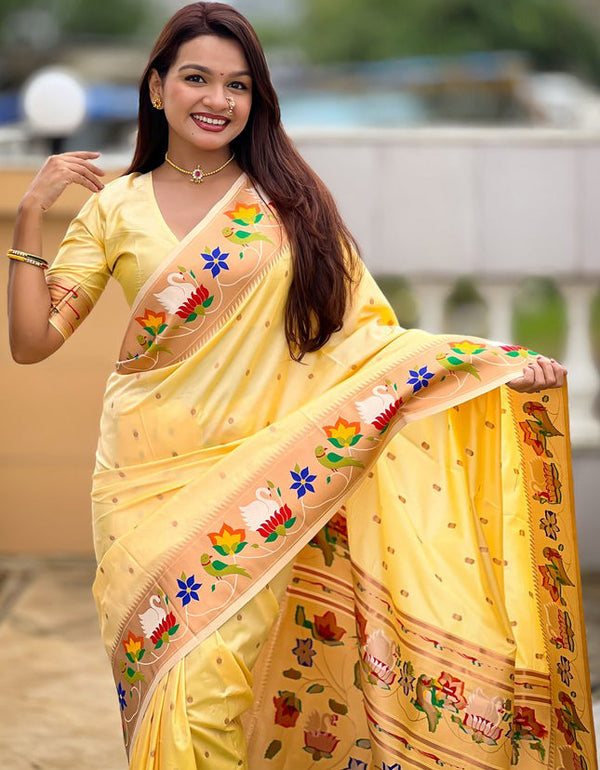 Lovely Cream Color Silk Fabric Partywear Saree