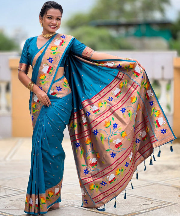 Lovely Turquoise Color Silk Fabric Partywear Saree