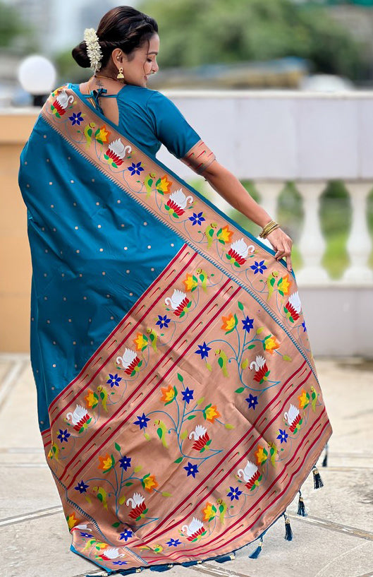 Lovely Turquoise Color Silk Fabric Partywear Saree