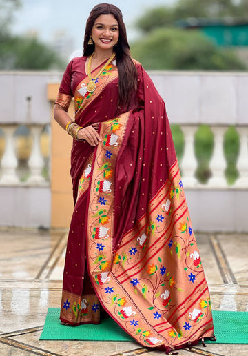 Lovely Maroon Color Silk Fabric Partywear Saree