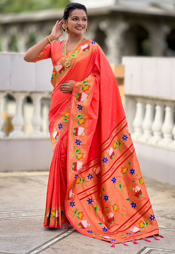 Lovely Orange Color Silk Fabric Partywear Saree