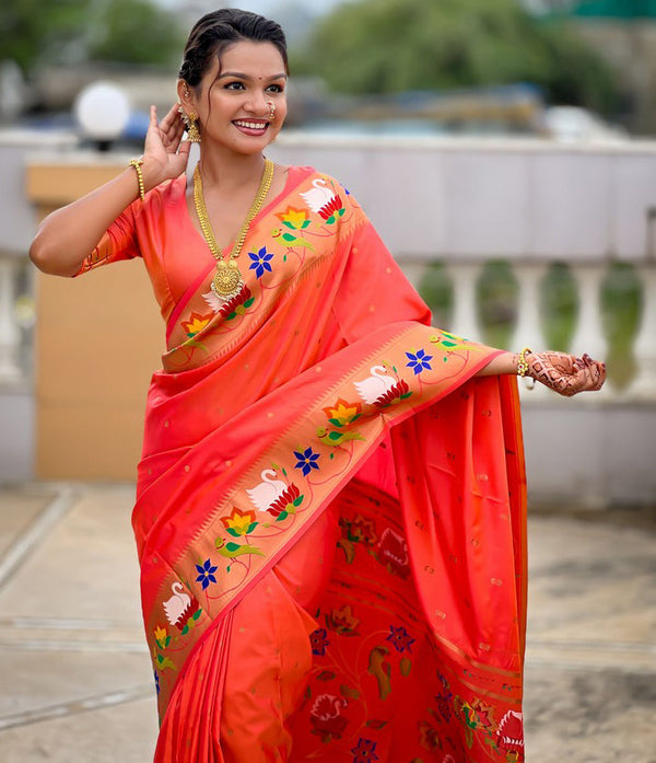 Lovely Orange Color Silk Fabric Partywear Saree