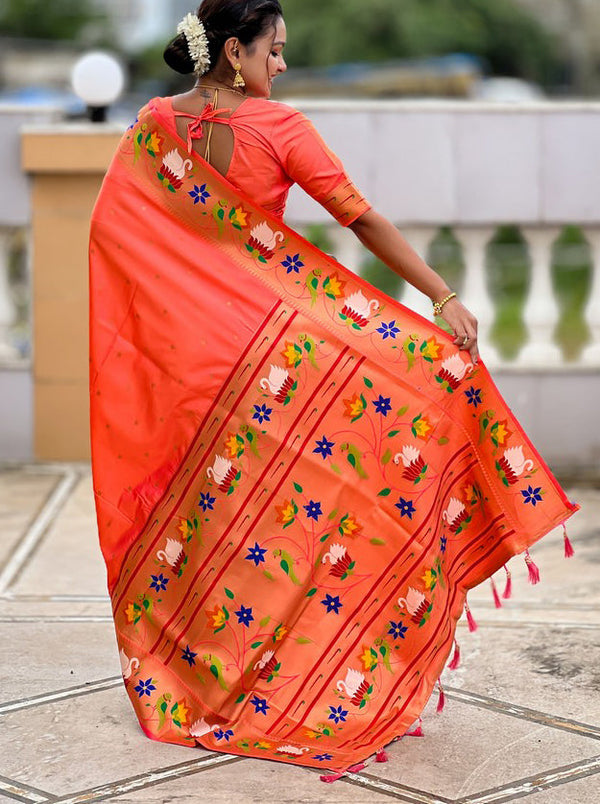 Lovely Orange Color Silk Fabric Partywear Saree