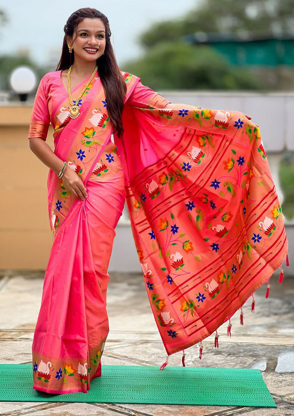 Lovely Pink Color Silk Fabric Partywear Saree