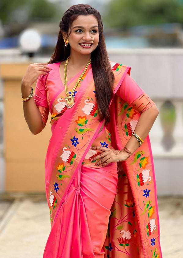 Lovely Pink Color Silk Fabric Partywear Saree