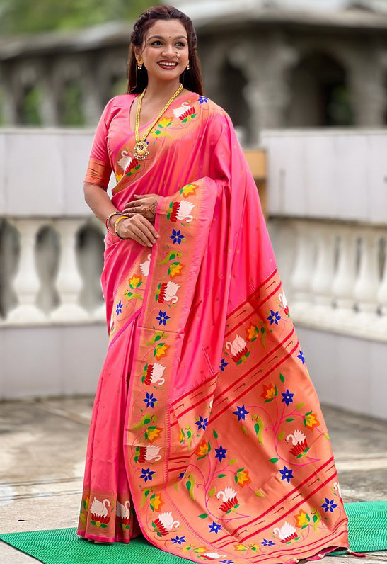 Lovely Pink Color Silk Fabric Partywear Saree