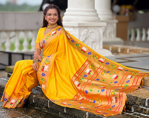 Lovely Yellow Color Silk Fabric Partywear Saree
