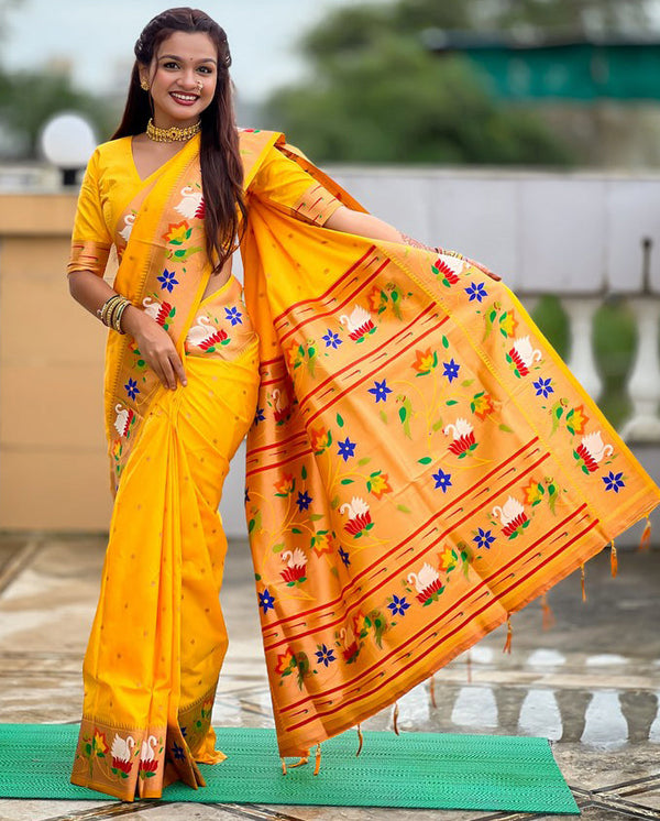 Lovely Yellow Color Silk Fabric Partywear Saree