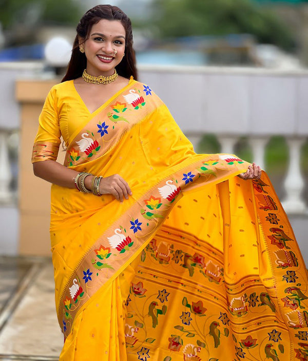 Lovely Yellow Color Silk Fabric Partywear Saree