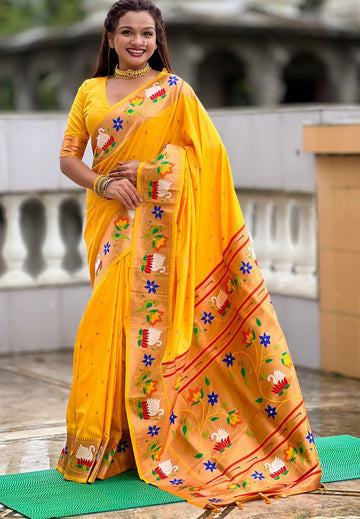 Lovely Yellow Color Silk Fabric Partywear Saree