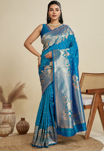 Amazing Teal  Color Kanjivaram Fabric Partywear Saree