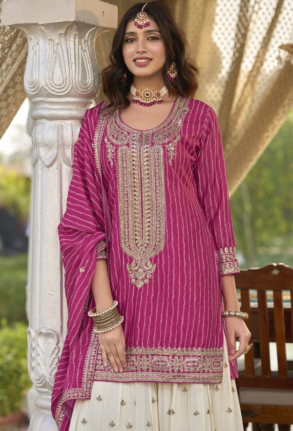 Dazzling Pink Color Chinon Fabric Plazzo Suit