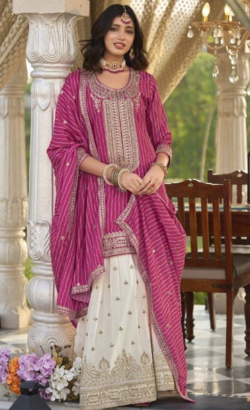 Dazzling Pink Color Chinon Fabric Plazzo Suit