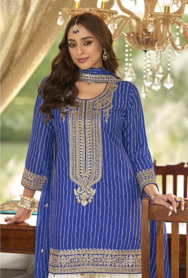 Dazzling Blue Color Chinon Fabric Plazzo Suit