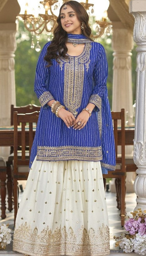 Dazzling Blue Color Chinon Fabric Plazzo Suit