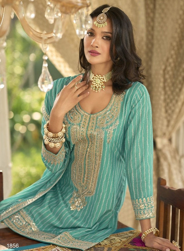 Dazzling Green Color Chinon Fabric Plazzo Suit