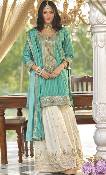 Dazzling Green Color Chinon Fabric Plazzo Suit