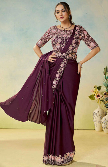 Lovely Voilet Color Satin Fabric Readymade Saree