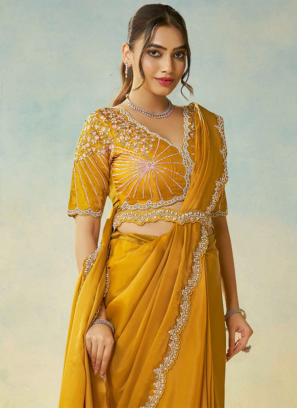 Lovely Yellow Color Satin Fabric Readymade Saree