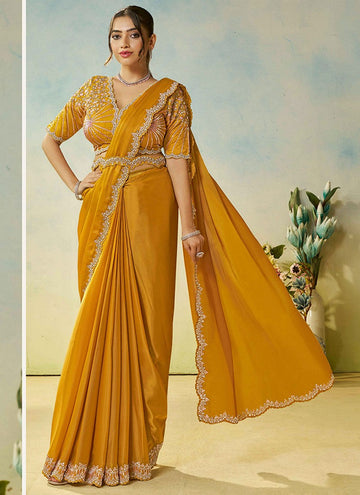 Lovely Yellow Color Satin Fabric Readymade Saree