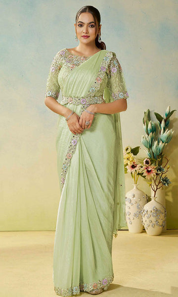 Lovely Green Color Silk Fabric Readymade Saree