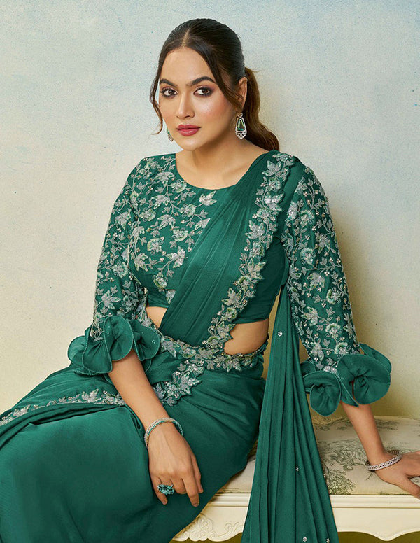 Lovely Green Color Silk Fabric Readymade Saree