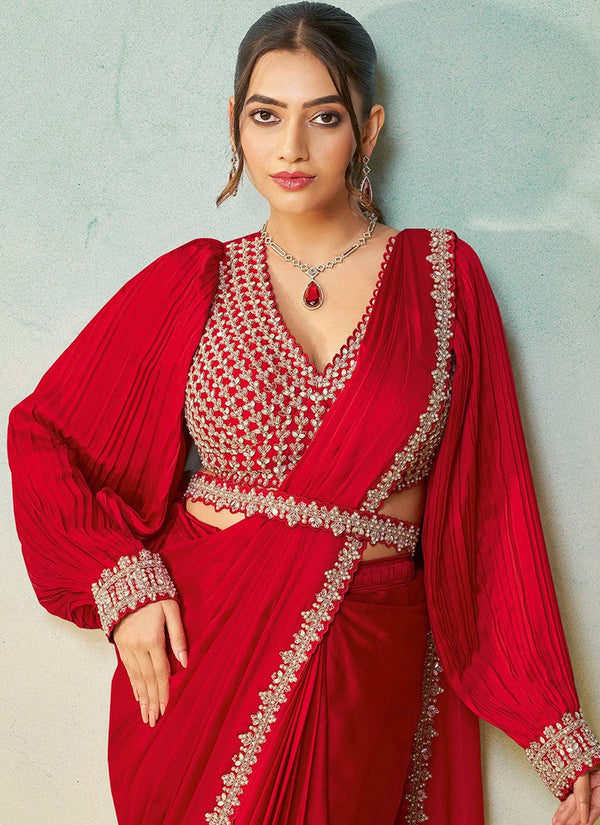 Lovely Red Color Silk Fabric Readymade Saree
