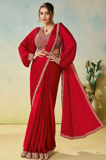 Lovely Red Color Silk Fabric Readymade Saree