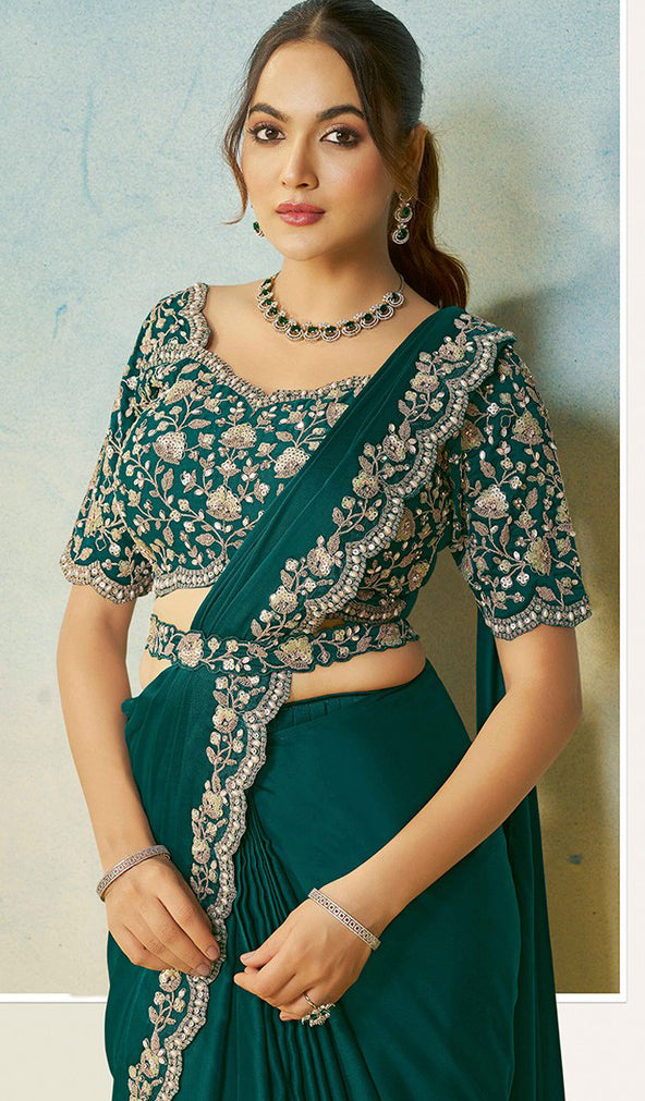 Lovely Green Color Satin Fabric Readymade Saree