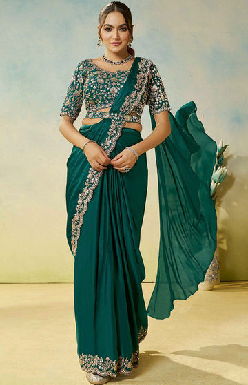Lovely Green Color Satin Fabric Readymade Saree