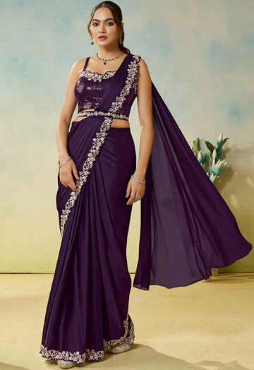 Lovely Voilet Color Satin Fabric Readymade Saree