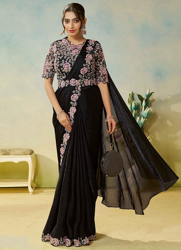 Lovely Black Color Satin Fabric Readymade Saree