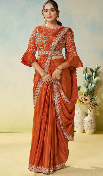 Lovely Orange Color Satin Fabric Readymade Saree